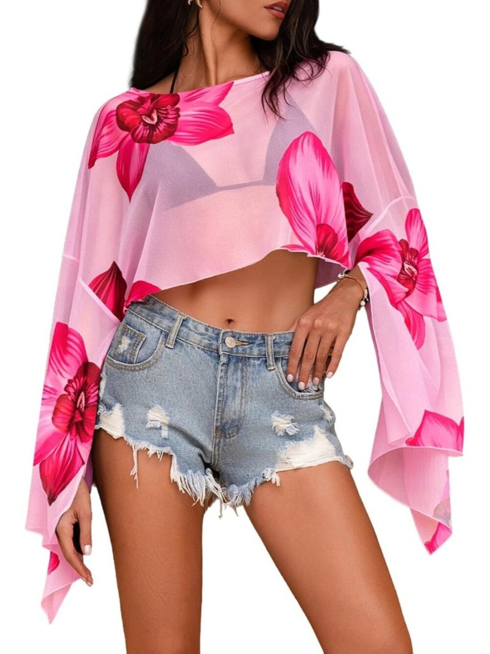 Womens Pink Polyester Coverup Summer Swimsuit Cropped Sheer Poncho Floral Top